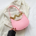 Chic pink crescent shoulder bag with crocodile pattern texture and gold chain strap - Pink