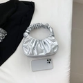 Metallic silver ruched cloud bag with minimalist crescent moon shape and gather handle - Silver