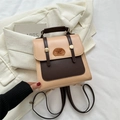 Mini zaino bicolore in pelle beige e marrone con simpatica toppa con animale morbido - Cachi