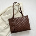 Deep brown quilted tote bag set with matching small pouch in matte faux leather - Brown