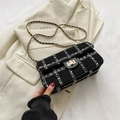 Elegant black tweed crossbody bag with blue patterns and gold chain strap and lock - Black