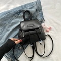 Classic black mini backpack in matte leather with drawstring and flap closure - With Ornament / Black