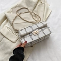 Elegant beige tweed crossbody bag with blue gold plaid pattern and chain strap - White