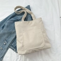 Large capacity cream corduroy tote bag with magnetic button and front pocket - White