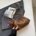 Brown litchi leather dumpling bag with gold chain and plush ball pendant charm - With Pendant / Brown