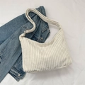 Minimalistische beige Cord-Hobo-Tasche mit Streifenstruktur und breitem Riemen - Weiß