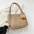 Fashionable camel PU tote bag with long handles and a cute plush bear pendant - With Pendant / Khaki