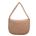 Quilted beige puffer tote bag featuring minimalist diamond pattern and large capacity - Diamond Stitched Khaki