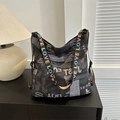 Fashionable newspaper print tote bag with colorful gradient LOVE shoulder strap for women - Black