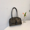 Borsa a spalla vintage grigio scuro con due tasche frontali e anelli metallici - Nero