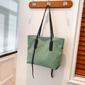 Light green corduroy tote bag with black faux leather shoulder straps for daily use - Green