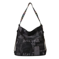 Black newspaper print tote bag with colorful LOVE strap for casual street style - Black