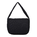 Large capacity black shoulder tote bag featuring floral quilted pattern and wide strap - Flower Stitched Black