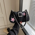 Black canvas armpit bag with pink star embroidery and silver buckle with chain strap - Black