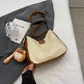 Cream and caramel faux leather tote bag with fashion label and plush charm - Cream White with Pendant