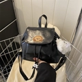 Chic black mini backpack with puppy patch and plush pendant in glossy PU leather - With Pendant / Black
