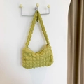 Stylish grass green pleated shoulder bag with waffle texture and zipper closure - Yellow