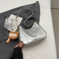 Silver soft leather hobo bag with fashion charm and plush toy pendant for women - Silver with Charm