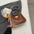 Brown retro patchwork tote bag with gold metal plate and plush bear charm - White & Brown (With Charm)