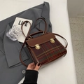 Vintage Aktentasche aus braunem PU-Leder mit Schottenmuster und Gold-Schnalle - Rot Karo