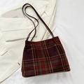 Vintage red and green plaid tote bag with slim brown shoulder straps for women - Red (No Pendant)