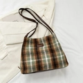 Green and brown plaid faux fur tote bag with leather strap and fashion brand label - Green Without Pendant