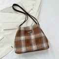 Chic brown plaid woolen tote bag for women featuring classic leather straps and texture - Khaki (No Pendant)