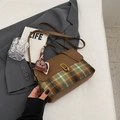 Brown litchi leather and plaid tweed crossbody bag with gold lock and silk scarf handle - Green Check
