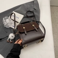 Dark brown retro crossbody square bag with matte leather stitching and plush charm - With Pendant / Coffee