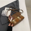 Vintage brown leather crossbody bag with plaid wool panel and silk scarf on handle - Brown Plaid