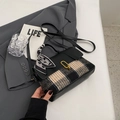 Houndstooth crossbody bag in black and white with gold buckle and silk scarf handle - Black Check