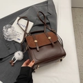 Vintage dark brown square handbag with matte flap and fluffy white keychain charm - With Pendant / Coffee and Brown
