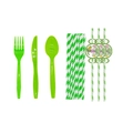 Detail of green tropical ALOHA party supplies featuring disposable cutlery and striped straws - Straws with Cards (10pcs)