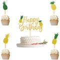 Glitzerndes Happy Birthday Tortendeko-Set mit Ananas-Party-Steckern in Gold und Grün - Hawaii-inspiriertes Happy Birthday-aufkleber-set (1 Großer Und 4 Kleine Ananas-design)