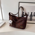Retro plaid shoulder bag in red and green tartan with a plush monster charm - Red Plaid (With Pendant)