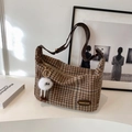 Brown checkered vintage dumpling bag with a shoulder strap and plush monster charm - Coffee Plaid (With Pendant)