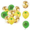 Close-up of tropical party balloons with monstera leaves, pineapples, and gold confetti - Yellow Pineapple Green Monstera Leaf Gold Confetti
