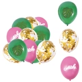 Detail of Aloha print and monstera leaf balloons with gold confetti for summer party - Dark Green Monstera Leaf Rose Red Aloha Gold Confetti