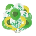 Close-up of Aloha printed tropical balloons with green palm leaves and gold confetti detail - Yellow Monstera Green Monstera Green Aloha Yellow Aloha Green Confetti