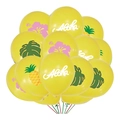 Close-up of yellow Aloha balloons with tropical palm leaves and hibiscus for party decor - Yellow Monstera Yellow Aloha Yellow Pineapple Yellow Flower