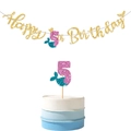 Détail de la bannière de sirène 5 ans et décoration de gâteau en paillettes dorées - 5ème Anniversaire (Thème Sirène)