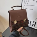 Zaino vintage in pelle marrone con tessuto scozzese rosso e fibbie dorate - Rosso