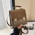 Borsa a tracolla vintage marrone a quadri con fibbie dorate e tracolla in pelle - Cachi