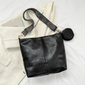 Large black PU leather tote with bohemian embroidered wide strap and small round coin purse - Black