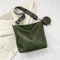 Dark green bucket bag with wide ethnic geometric strap and mini round pouch accessory - Green