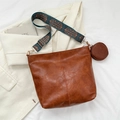 Brown leather tote bag with a colorful bohemian wide strap and round coin purse - Brown