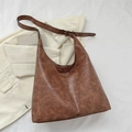 Bolso tote grande marrón oscuro en cuero PU retro con textura vintage y correa ajustable - Marrón