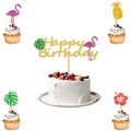 Tropisches Happy Birthday Kuchendeko-Set mit Flamingo, Ananas und grünen Blättern - Flamingo Thema Großer Stecker Und Kleine Stecker