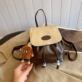 Mini retro backpack for women in brown and beige PU leather with plush monster charm - With Pendant / White/Coffee Patchwork