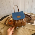 Vintage mini brown leather backpack with blue denim flap and plush bear charm - With Pendant / Blue/Brown Patchwork